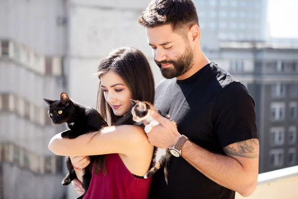 Young couple holding cats in hands on the terrace — Stock Photo, Image