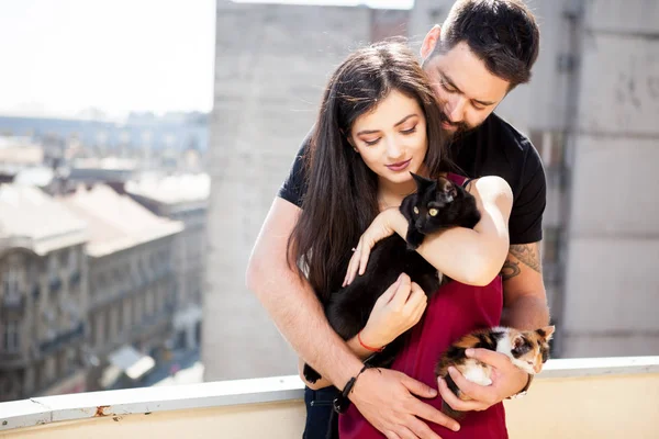 Pareja joven sosteniendo gatos en las manos en la terraza —  Fotos de Stock