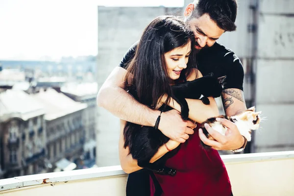 Mutlu çift onların cats tutan Vintage tonned görüntü