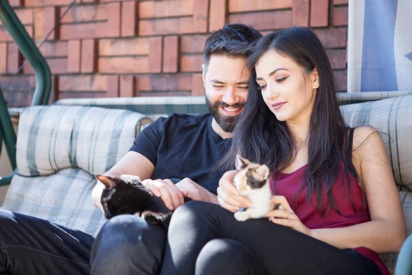 Gorgeous beautiful young couple holding cats in hands