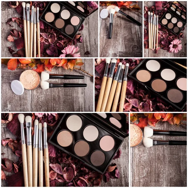 Collage of cosmetics and make up products in artistic beauty images