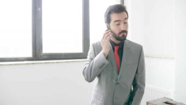 Uomo d'affari che parla al telefono mentre sale le scale in un edificio per uffici — Video Stock