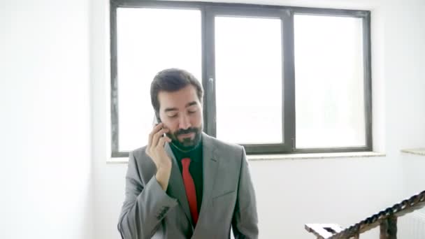 Uomo d'affari che parla al telefono mentre sale le scale in un edificio per uffici — Video Stock