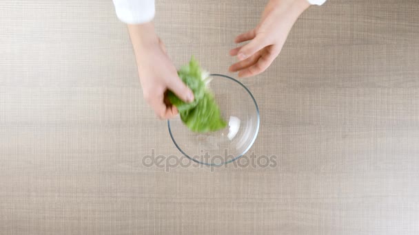 Bovenaanzicht van chef-kok heands voorbereiding van groene salade van bladeren — Stockvideo