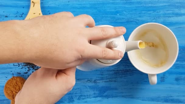 Медленное движение наливая чай в чашку — стоковое видео