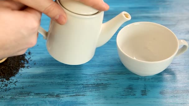 Verter el té en una taza blanca — Vídeo de stock