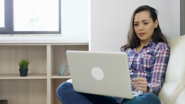 Femme souriante sur le canapé travaillant sur l'ordinateur portable — Video