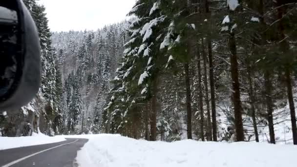 Side visning af bil kørsel gennem bjergene om vinteren – Stock-video