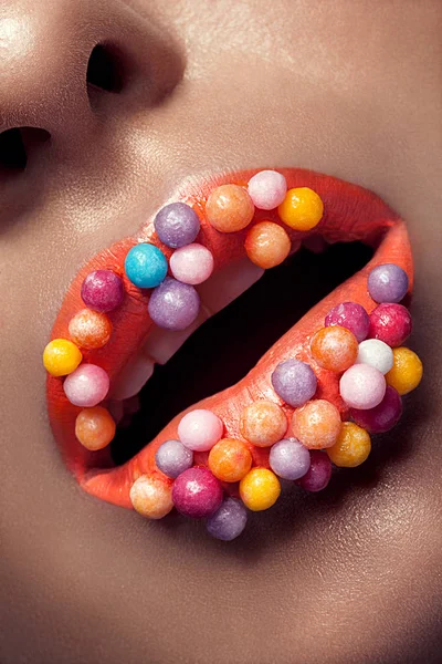 Close up of creative make up on lips with lolipops — Stock Photo, Image