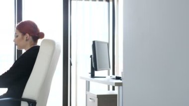 Kızıl saçlı işkadını türleri laptop, fotoğraf makinesi ve gülümsüyor görünüyor