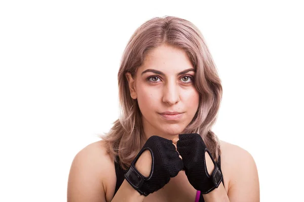 Mujer con guantes y ropa deportiva — Foto de Stock