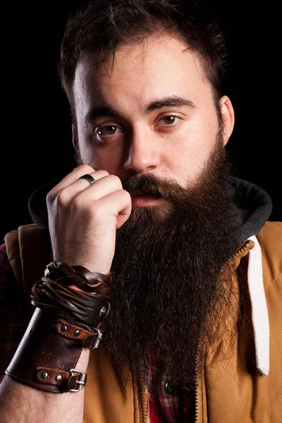 Close up portrait of bearded hipster man — Stock Photo, Image