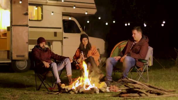 Grupo de amigos desfrutando de um momento tranquilo em frente ao fogo — Vídeo de Stock