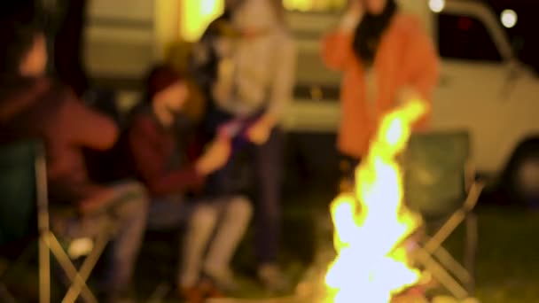 Images floues d'amis traînant dans les bois — Video