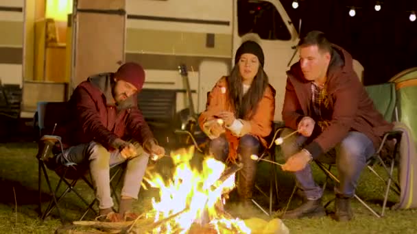 Freunde entspannen am Lagerfeuer und kochen Marshmallows auf Stöcken — Stockvideo