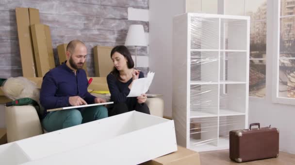 Couple souriant tout en assemblant une étagère en équipe — Video