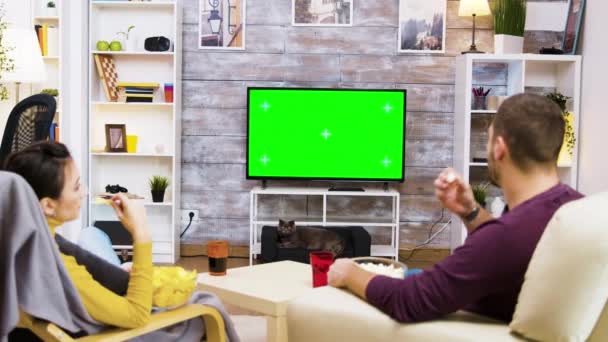 Vista trasera de la pareja viendo la televisión en la pantalla verde de casa — Vídeo de stock