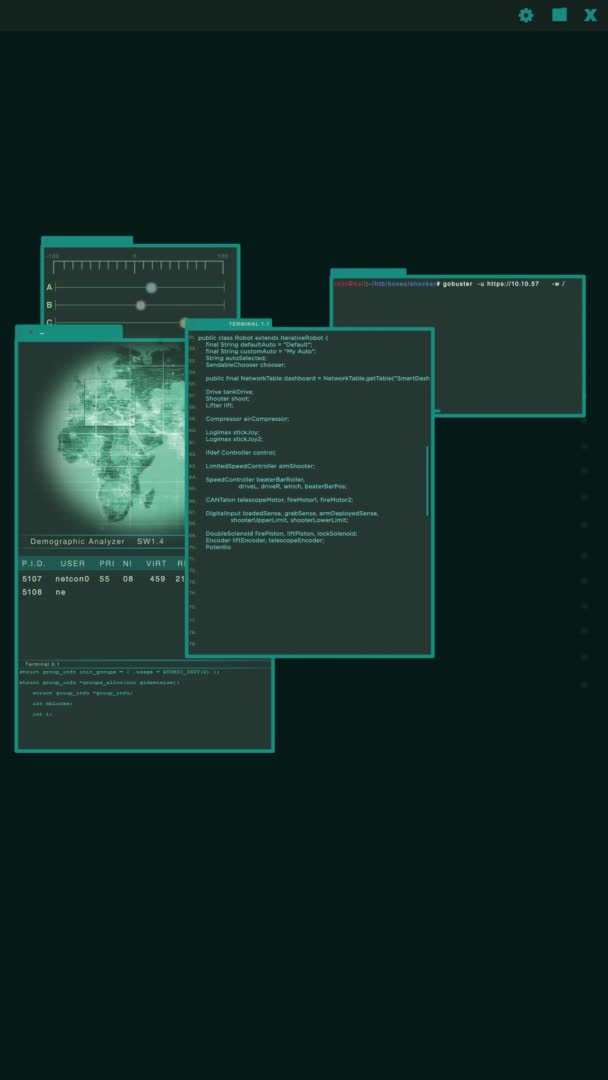 Vídeo vertical: interfaz virtual o HUD que muestra múltiples ventanas con código de hacker ejecutándose en ellas — Vídeo de stock