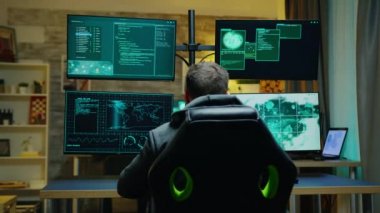 Hacker laying back on his chair while using powerfull computer