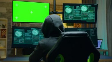 Back view of hacker wearing a hoodie using computer