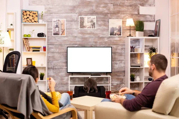 Пара глядя на изолированный экран телевизора в уютной гостиной — стоковое фото