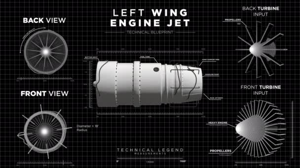 Monochrome futuristic display HUD of left wing jet engine — Stockvideo