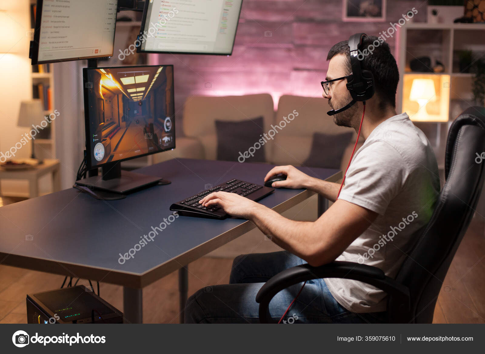 Free Photo  Player winning video games with controller and headset in  front of monitor. man using joystick and headphones, playing online games  on computer. person celebrating game win for leisure.