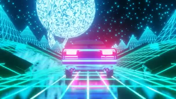 Scène rétro de voiture voyageant dans un paysage de science-fiction — Video