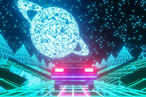 Escena retro de coche viajando en paisaje de ciencia ficción — Foto de Stock