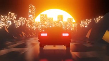 Büyük bir şehirde gün batımında muhteşem bir manzarayla seyahat eden bir araba.