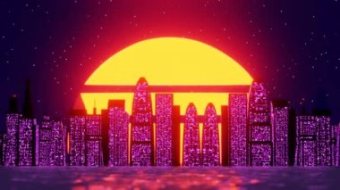 Su kenarında büyük gökdelenleri olan Retro Futurism şehir kavramı