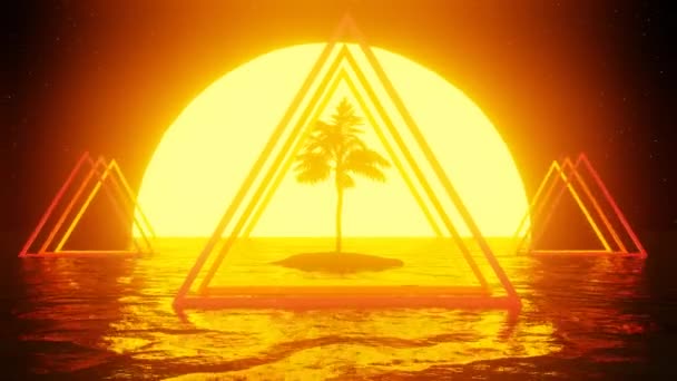 Jaren 80 stijl retro scene met palmbomen, zonsondergang en water — Stockvideo