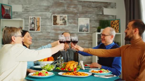 Öğle yemeğinde mutlu bir aile kırmızı şarapla kadeh kaldırıyor. — Stok video