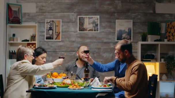 Homme et femme dans la soixantaine qui prennent un verre de vin rouge — Video