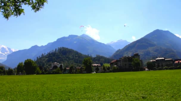 Parapentes frente a los Alpes berneses y el pico nevado de Jungfrau en Bernese Oberland — Vídeos de Stock