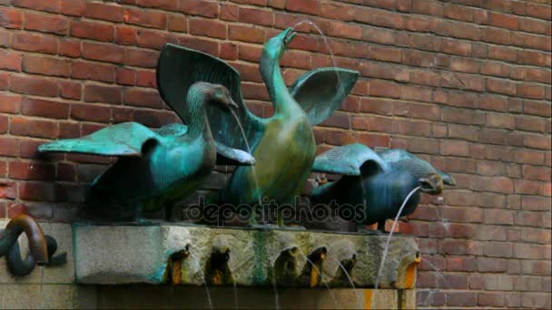 Fonte com três gansos a beijar. Dusseldorf. Alemanha — Vídeo de Stock