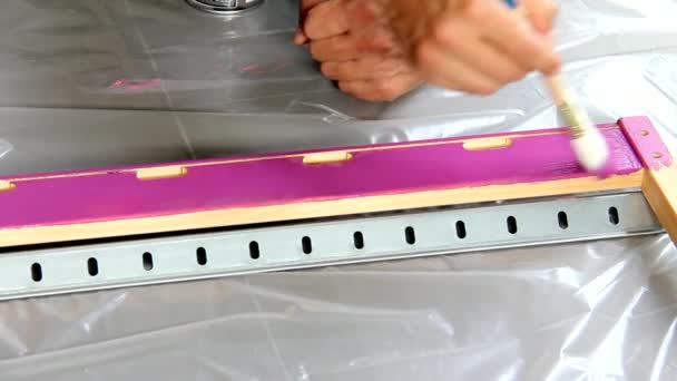 Hand hält einen Pinsel, der Lackfarbe auf eine Holzoberfläche aufträgt — Stockvideo