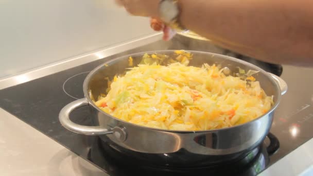 Жіноча рука солі смажена капуста за допомогою спеціального млина в сковороді на електричній плиті — стокове відео