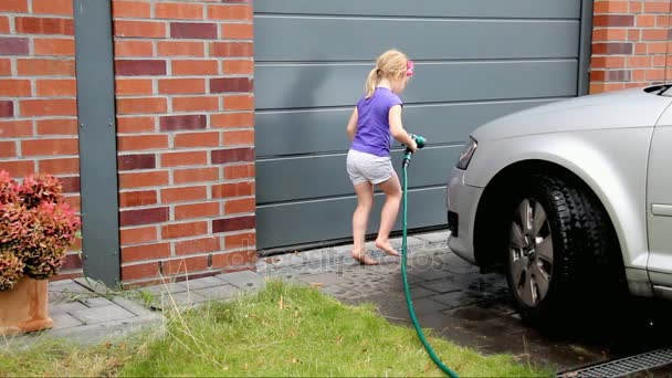 Little Girl Helps to Wash the Car — Stock Video