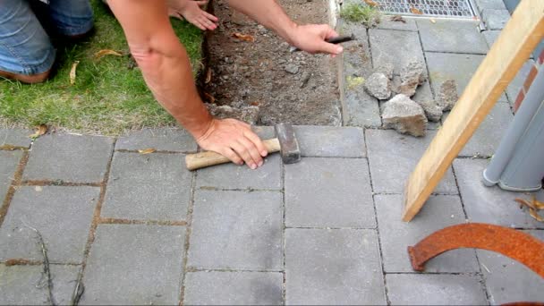 Arbeiter bereitet Platz für Verlegung von Betonpflasterplatten vor — Stockvideo