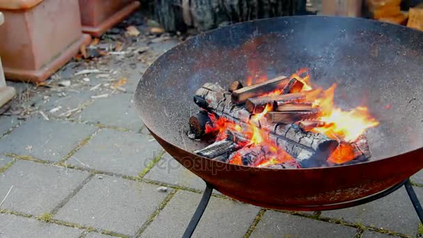 Pislákoló, egy kert nyílt tűz gödör a lángok — Stock videók