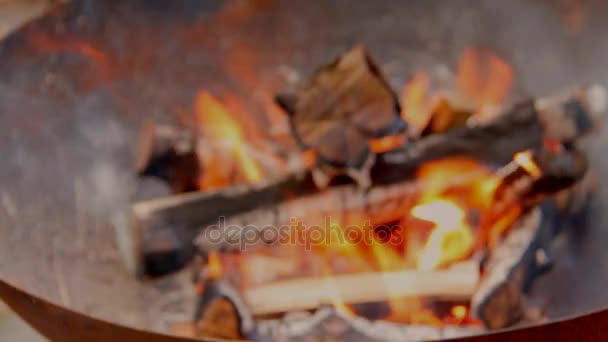 Flammen flackern auf offener Feuerstelle im Garten — Stockvideo