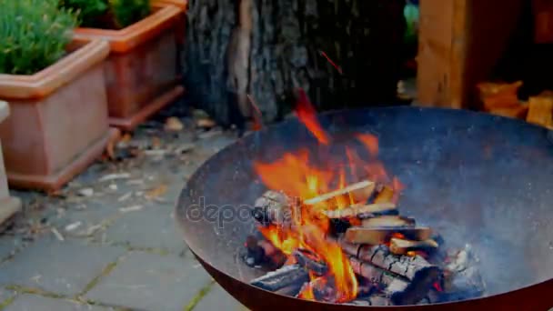 Пламя полыхает на открытой садоводческой пожарной яме — стоковое видео
