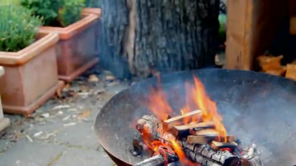 Las llamas parpadean en una fosa de fuego de jardín abierto — Vídeos de Stock