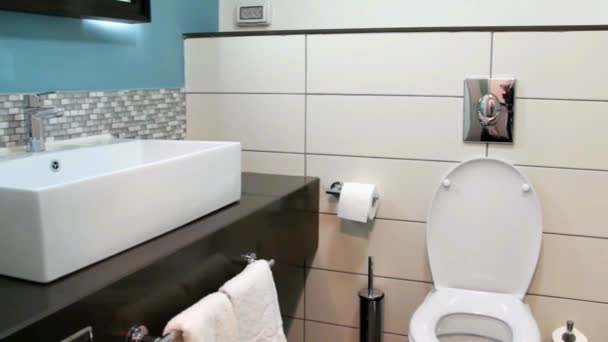 Туалет и душевая комната в современном отеле — стоковое видео