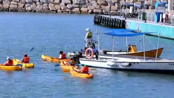 Öğretmen çocukların Yaht Marina'da bir Kayaks binmek için öğrenir — Stok video