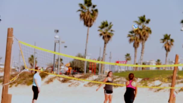 Grupo de chicas jóvenes jugando con la pelota en la playa . — Vídeo de stock