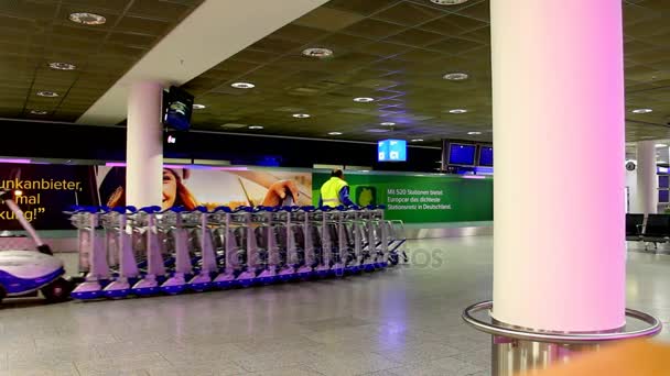 Funcionário recolhe e transporta os carrinhos de bagagem em uma das salas de espera do Aeroporto Internacional — Vídeo de Stock