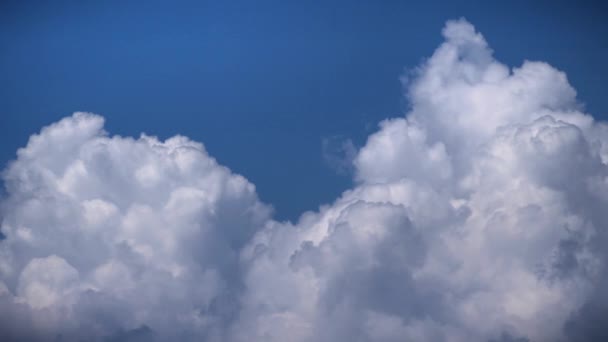 Belle nuvole bianche volano su tutto lo schermo su sfondo blu profondo. Interruzione temporale — Video Stock