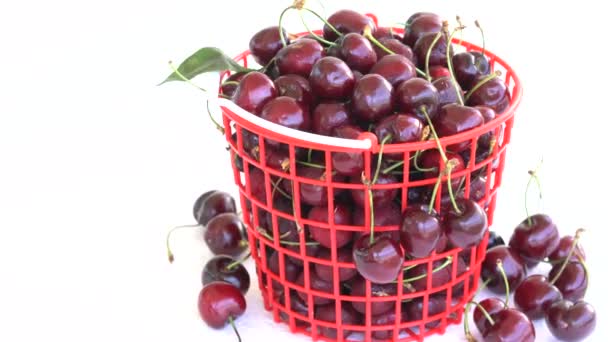 Macro giratorio de cereza en una cesta de plástico rojo — Vídeos de Stock